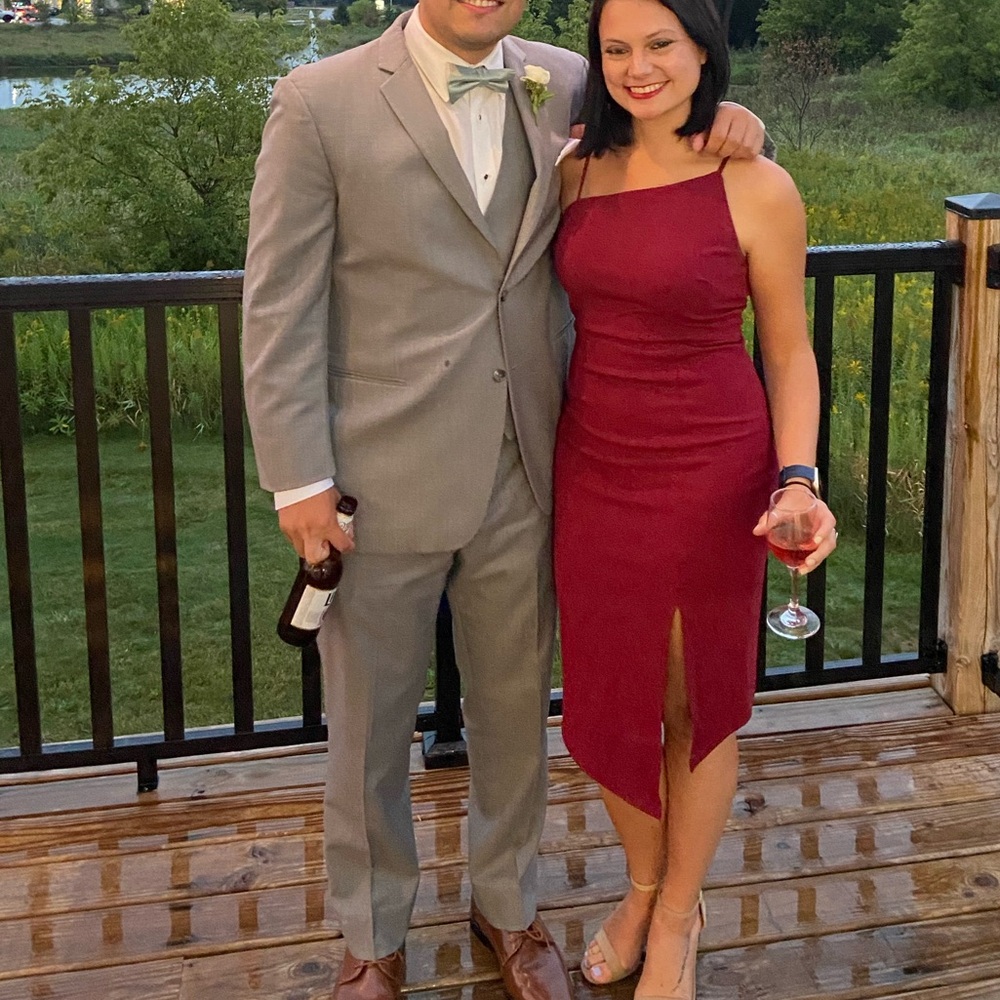 Red, asymmetrical formal dress